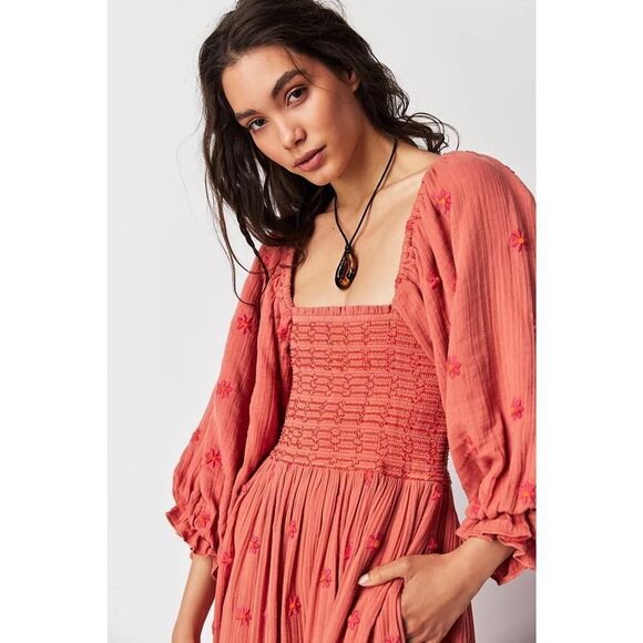 Free People Dahlia Embroidered Maxi Dress XS Rust Coral Smocked Boho Cotton - Picture 2 of 14